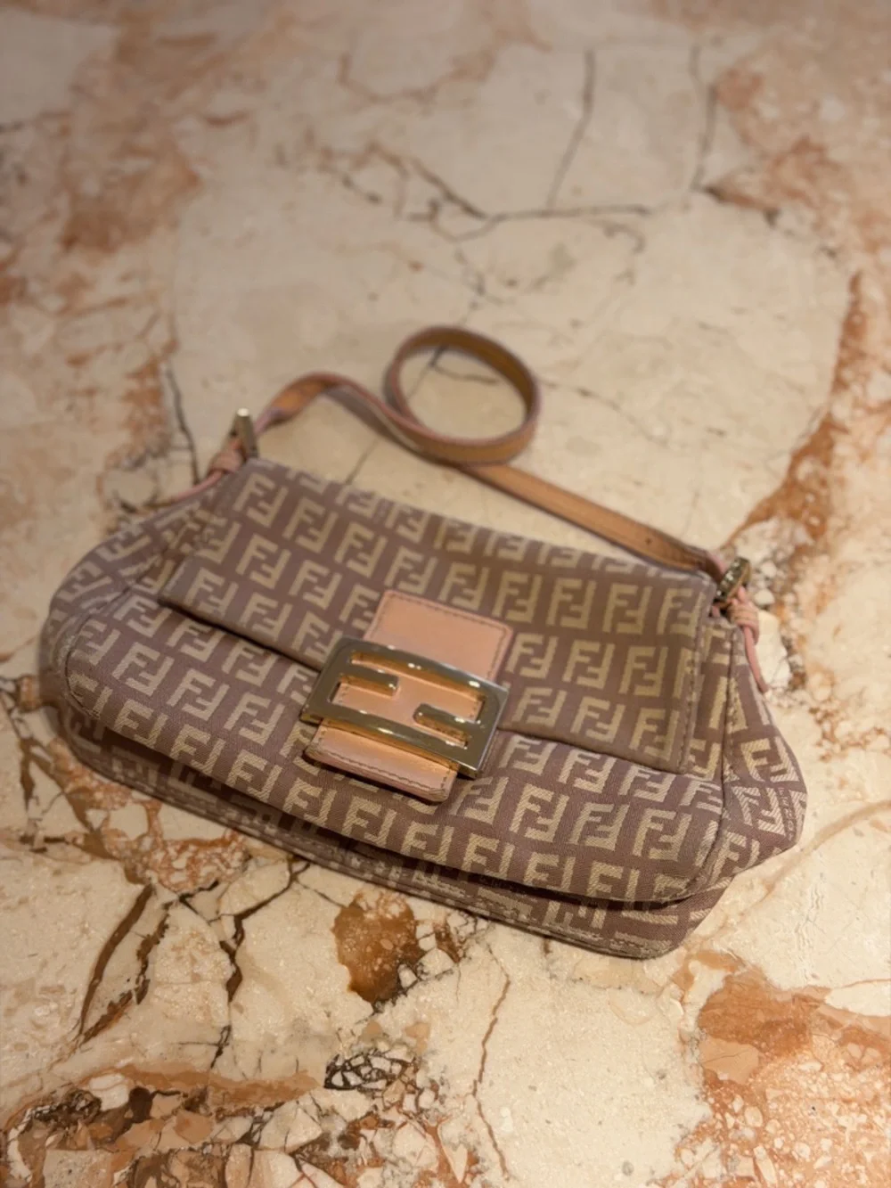 Fendi Beige and Cream FF Logo Shoulder Bag with Gold Hardware - Picture 13 of 15